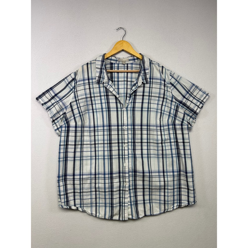 Preppy Classic Woman Within Womens 3X White Blue Plaid Short Sleeve Button Down